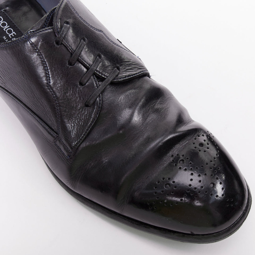 DOLCE GABBANA black hard leather perforated toe brogue loafers UK7 EU41