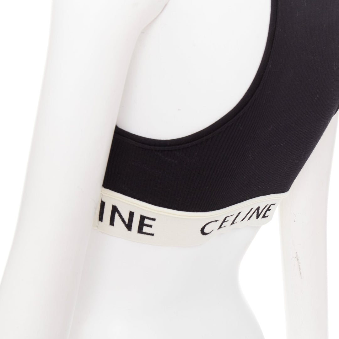CELINE black cotton blend cream ribbed logo round neck bra top  Lisa Blackpink