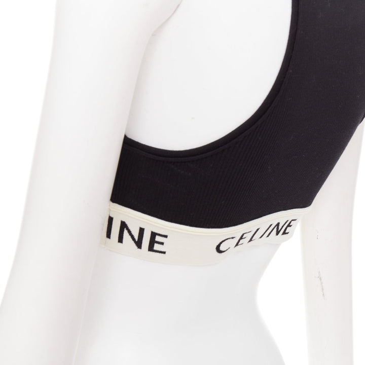 CELINE black cotton blend cream ribbed logo round neck bra top  Lisa Blackpink