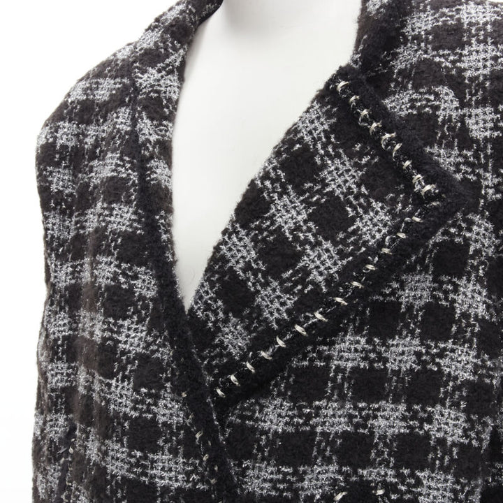 CHANEL 11A Fantasy Tweed black silver checkered asymmetric collar jacket FR44 XL