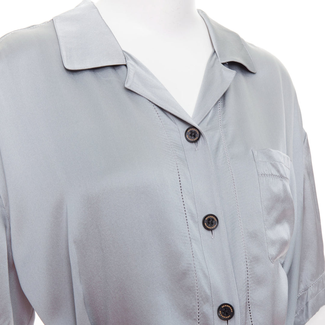 BURBERRY 100% silk steel blue button down wrap tie short sleeve dress UK8 S