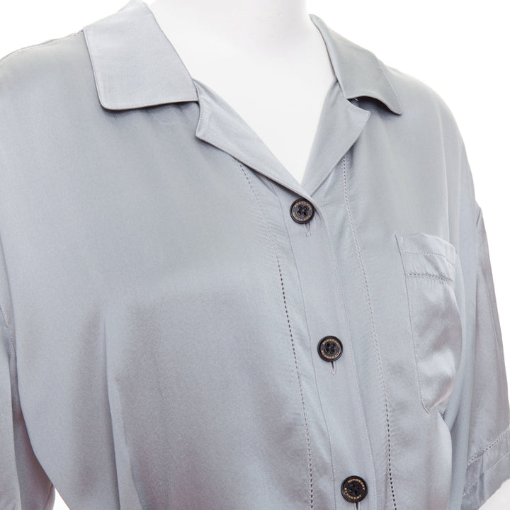 BURBERRY 100% silk steel blue button down wrap tie short sleeve dress UK8 S