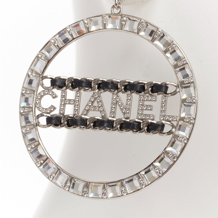 CHANEL B18K CC logo black leather chain trim dangling clip on earrings Pair