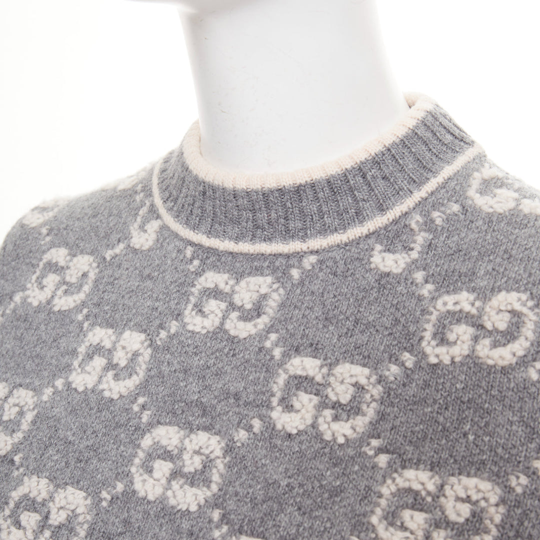 GUCCI grey pale pink wool GG monogram intarsia boucle crop sweater XS