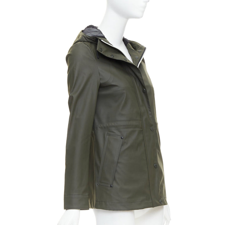 HUNTER Original dark olive green rubberized white zip rain jacket XXS