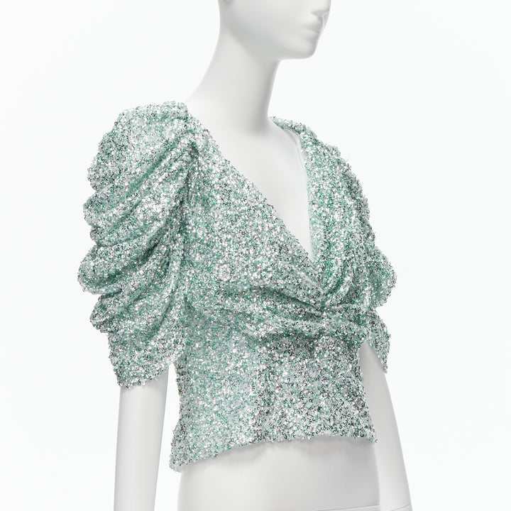 HALPERN seafoam green silver sequins deep V puff sleeves top FR36 XS