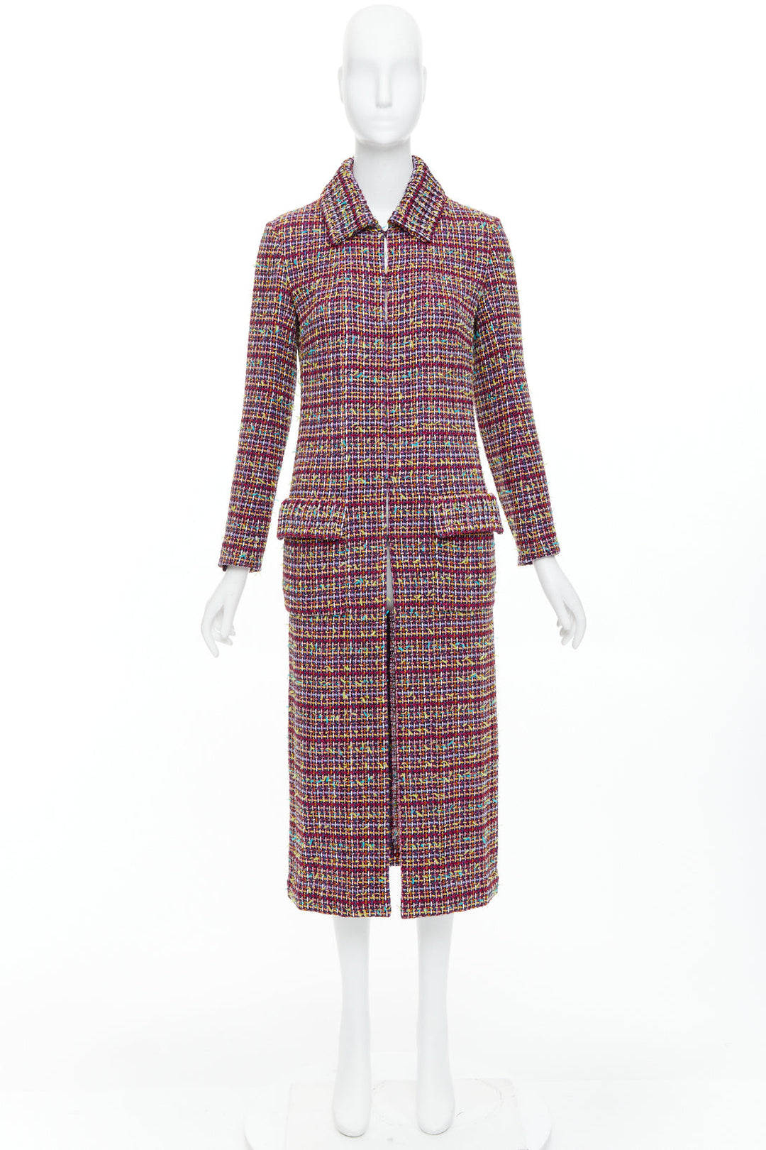 CHANEL 2023 Runway pink yellow multicolor tweed  CC button long coat FR36 S