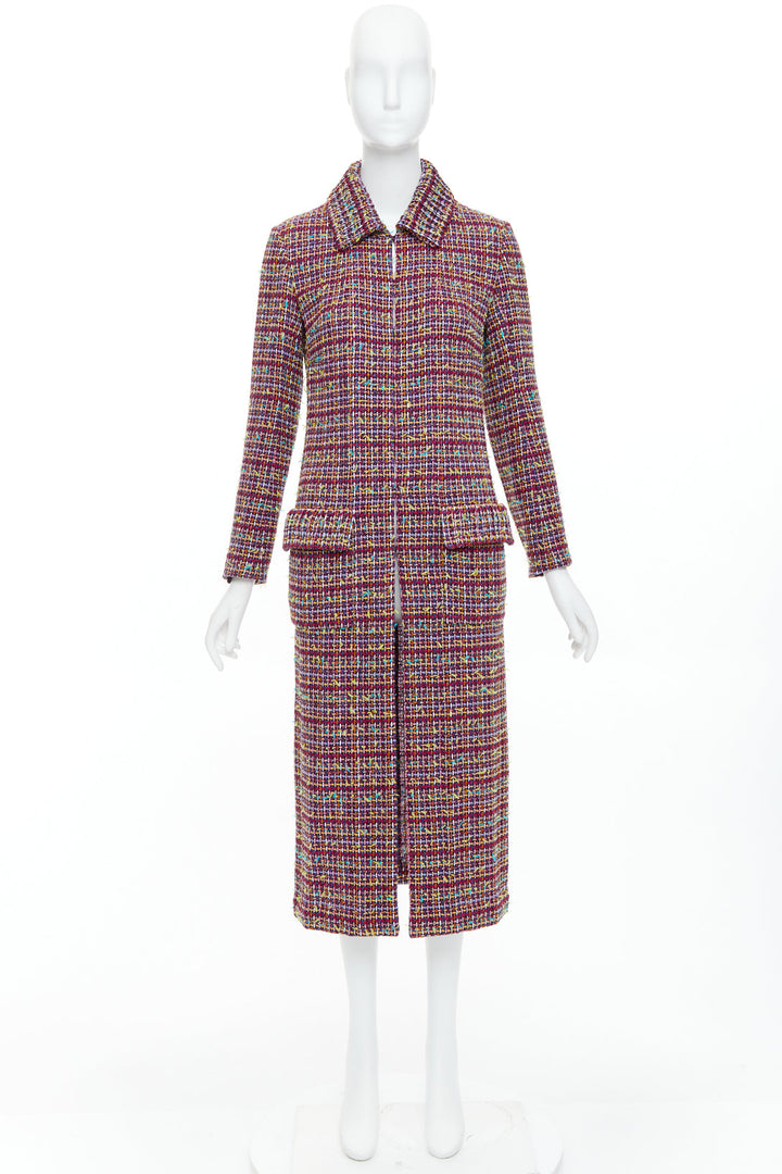 CHANEL 2023 Runway pink yellow multicolor tweed  CC button long coat FR36 S