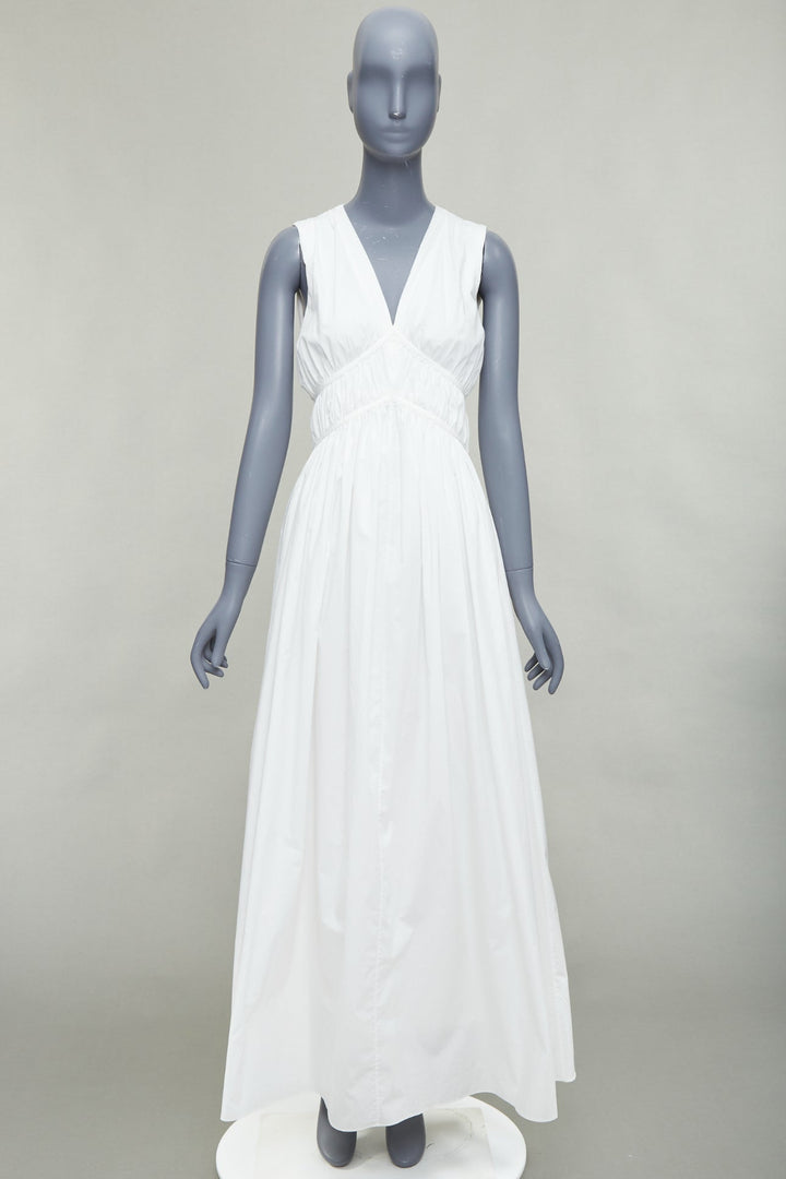 BRUNELLO CUCINELLI white cotton ruched sleeveless plunge maxi dress XS