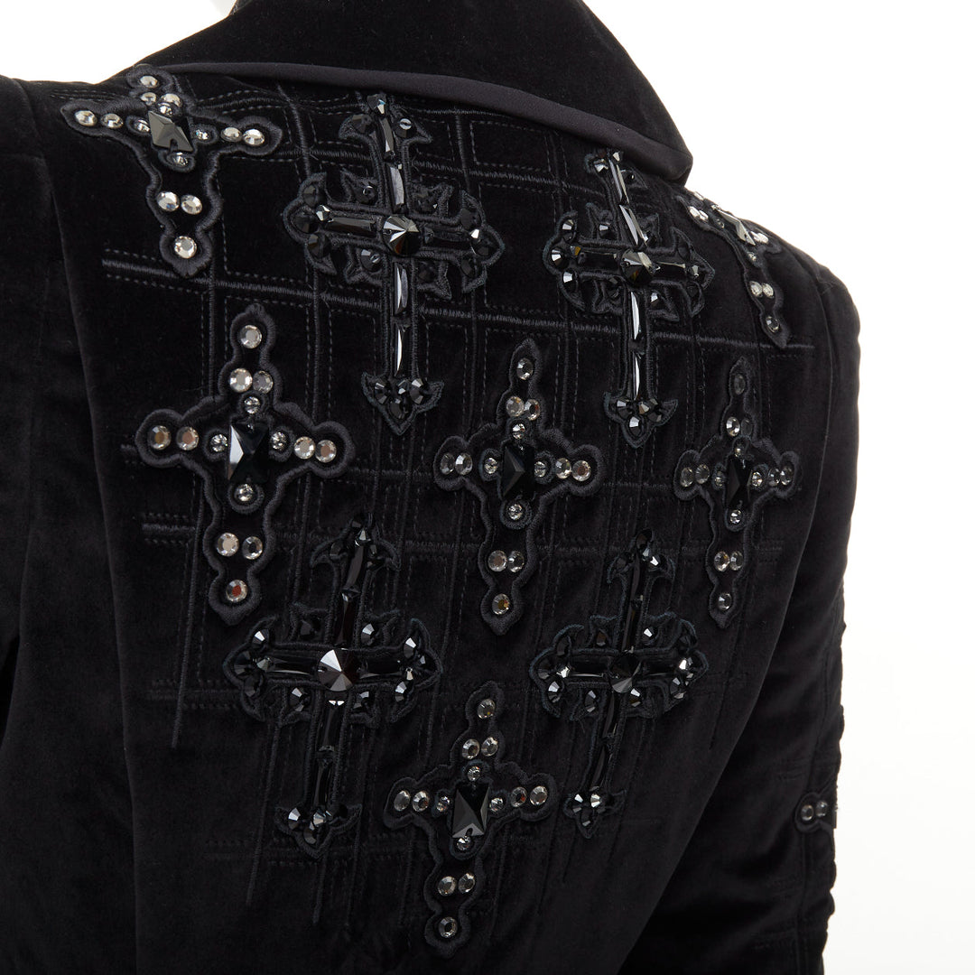 VERSACE 2012 runway black velvet gothic Byzantine cross flared zip coat IT38 XS