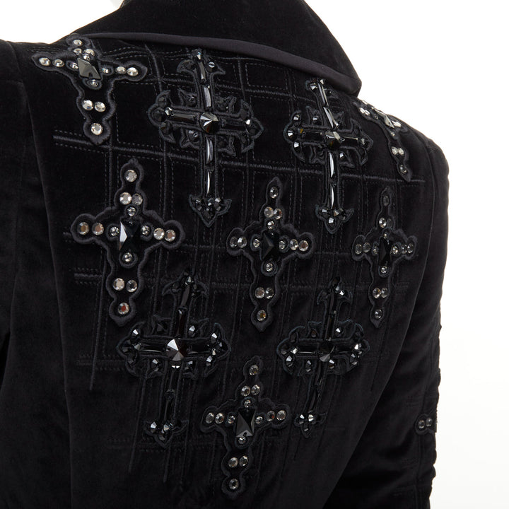VERSACE 2012 runway black velvet gothic Byzantine cross flared zip coat IT38 XS