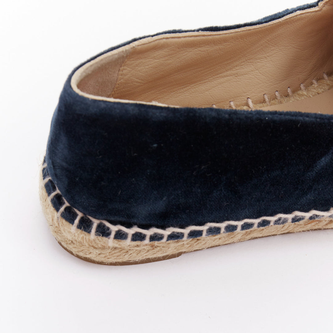 CHANEL navy velvet CC logo applique nude jute espadrille shoes EU37