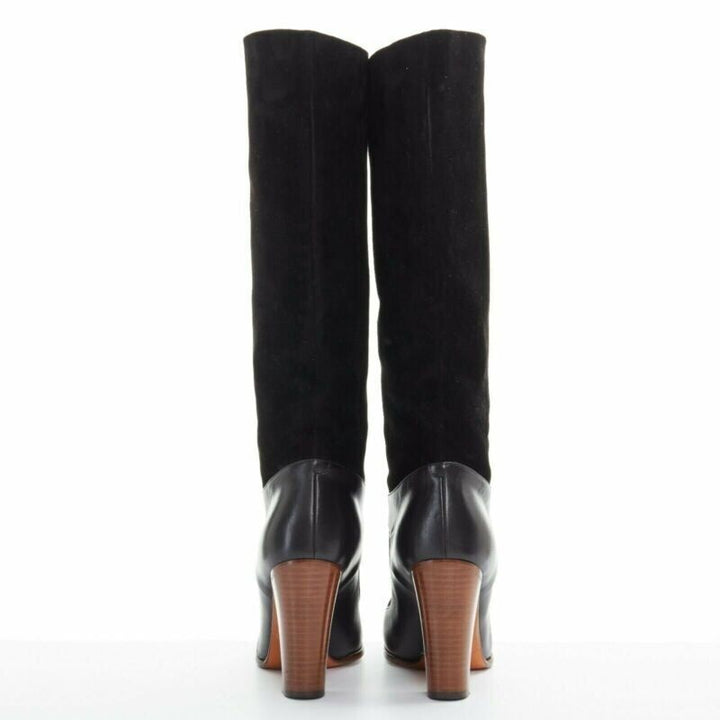 CELINE PHILO black suede sock ankle strap chunky wooden heel tall boot EU35.5