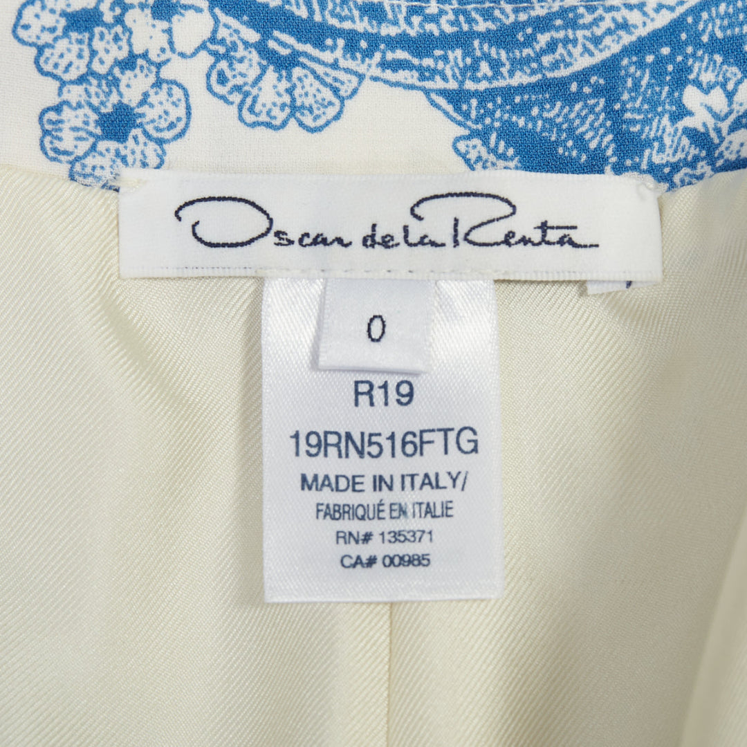 OSCAR DE LA RENTA R19 ivory blue floral toile silk blend blazer jacket US0 XS