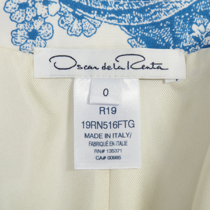 OSCAR DE LA RENTA R19 ivory blue floral toile silk blend blazer jacket US0 XS