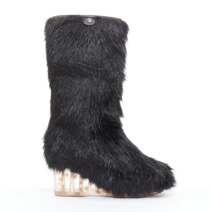 CHANEL 2010 Runway black Yeti faux fur silver CC clear iceberg heel boots EU38.5