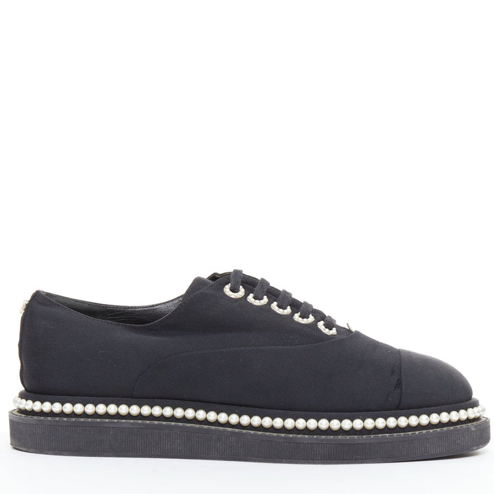 CHANEL black monochrome fabric faux pearl lace up derbies EU37.5