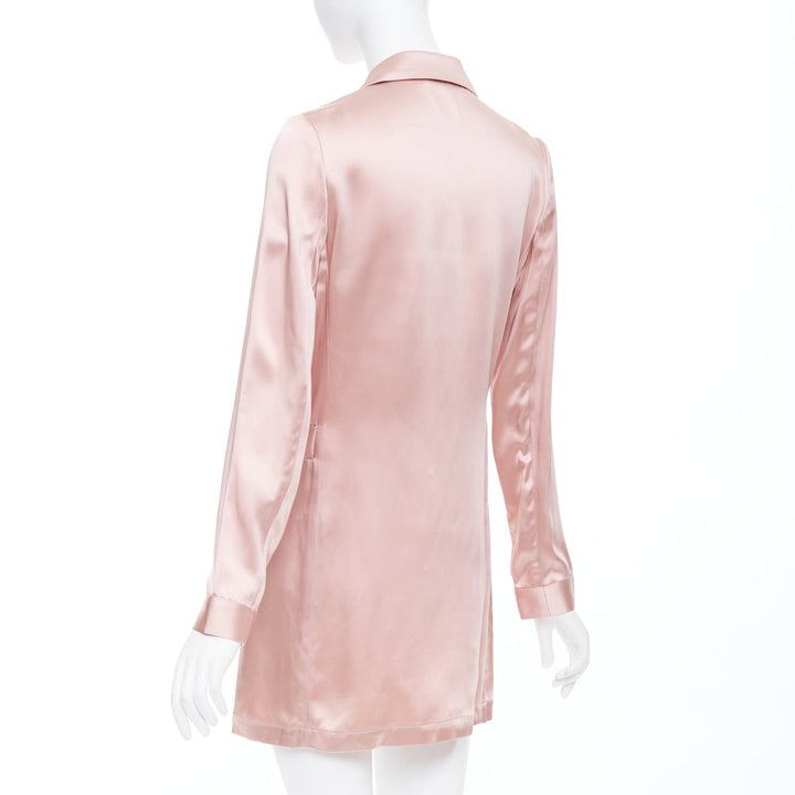 FLEUR DU MAL pink silky double breasted pocketed longline blazer coat US0 XS