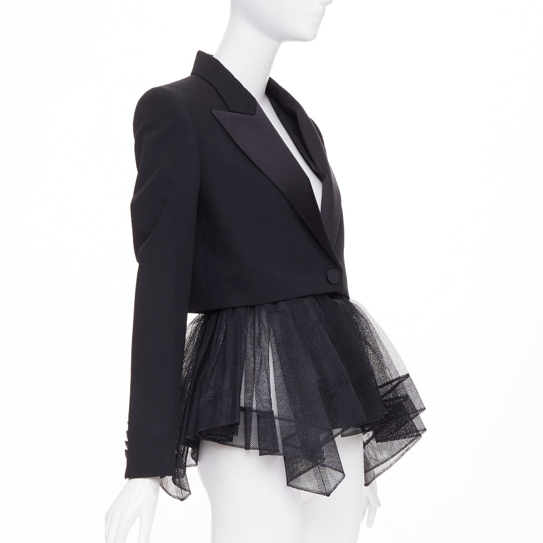 ALEXANDER MCQUEEN 2022 black wool peplum tulle single button tux blazer IT36 XXS