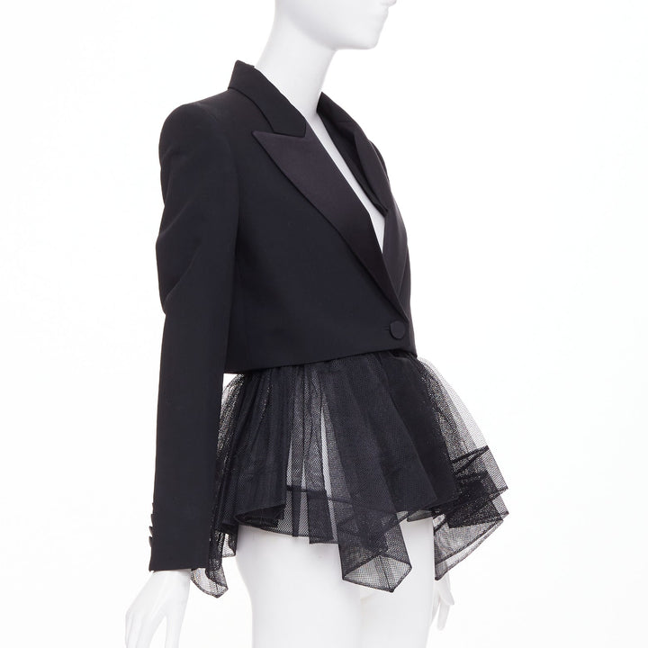 ALEXANDER MCQUEEN 2022 black wool peplum tulle single button tux blazer IT36 XXS