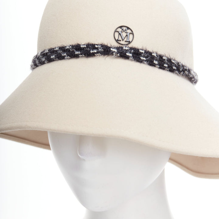 MAISON MICHEL beige rabbit felt braid trim M charm visor fedora hat M