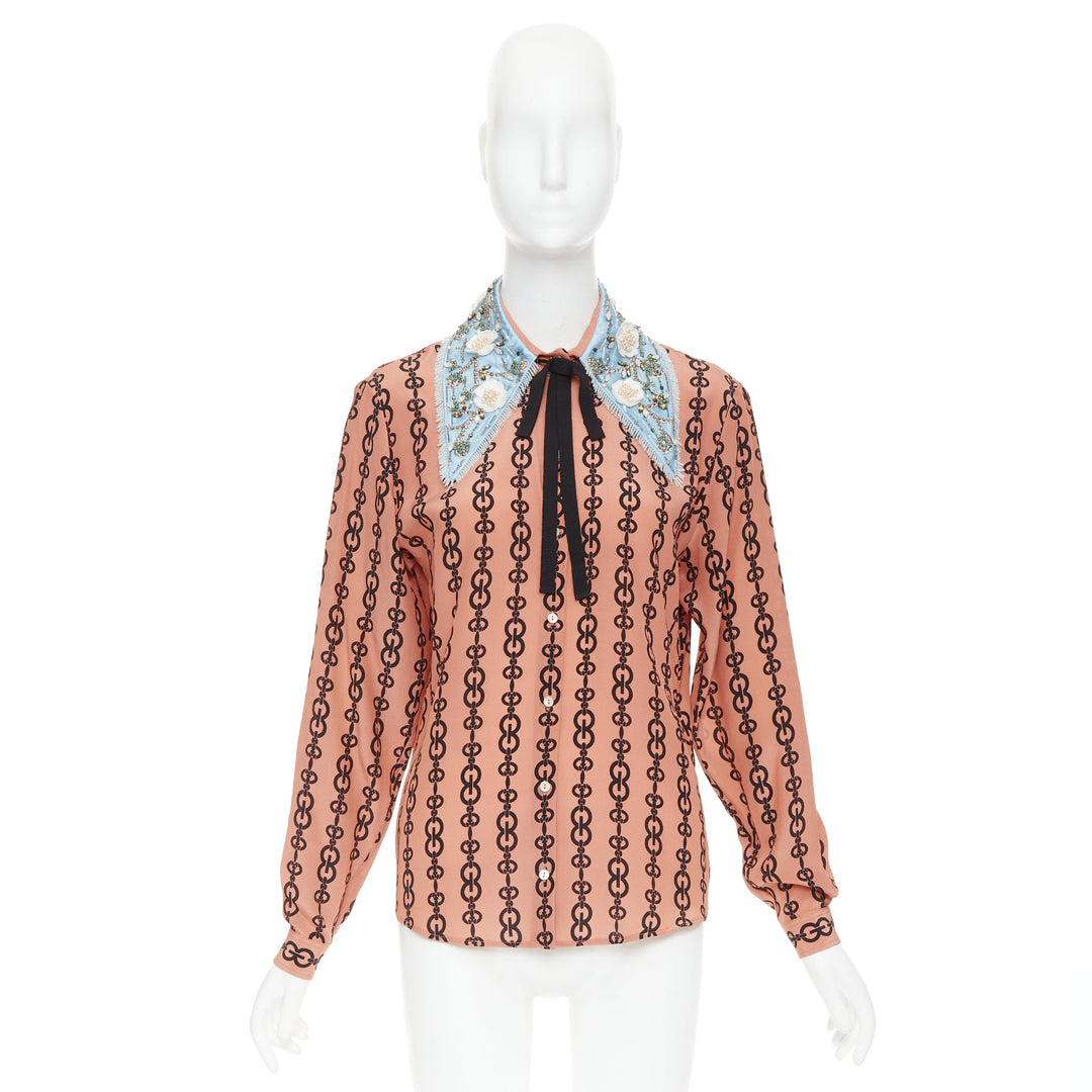 GUCCI Michele 2017 pink silk chain blue embroidered collar blouse IT38 XS