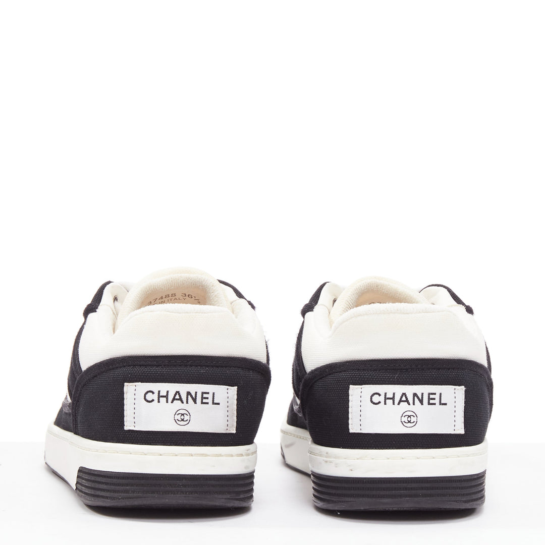 CHANEL 21S black white CC logo fabric minimal lace up sneakers EU36.5