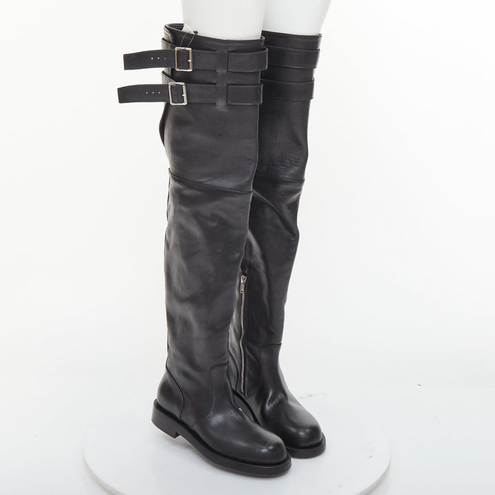 ANN DEMEULEMEESTER black leather silver multi buckles over the knee boots EU38
