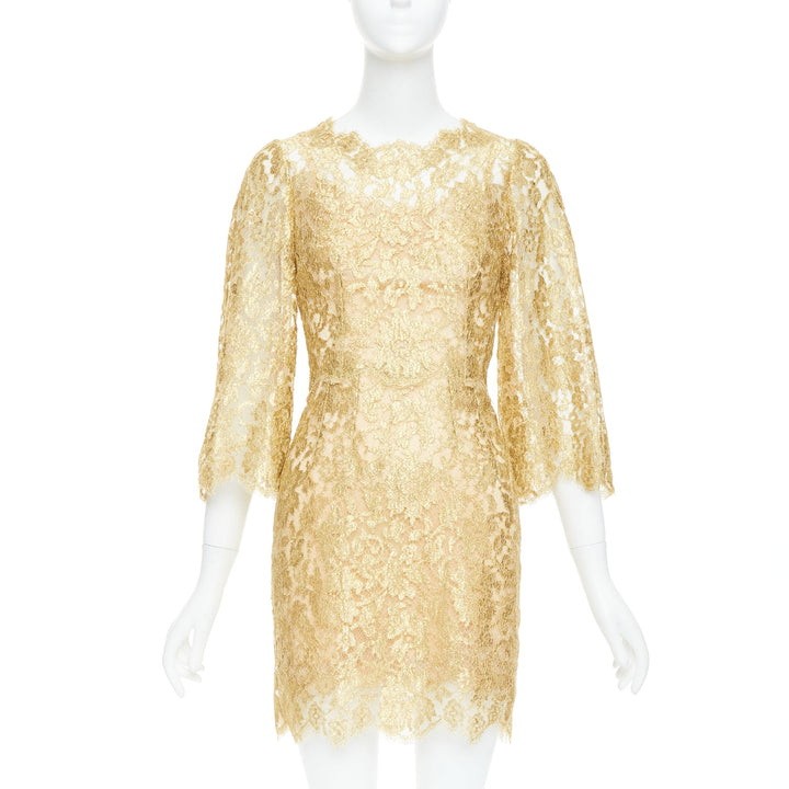 DOLCE GABBANA metallic gold laminated lace pink crystal buttons dress IT36 XXS