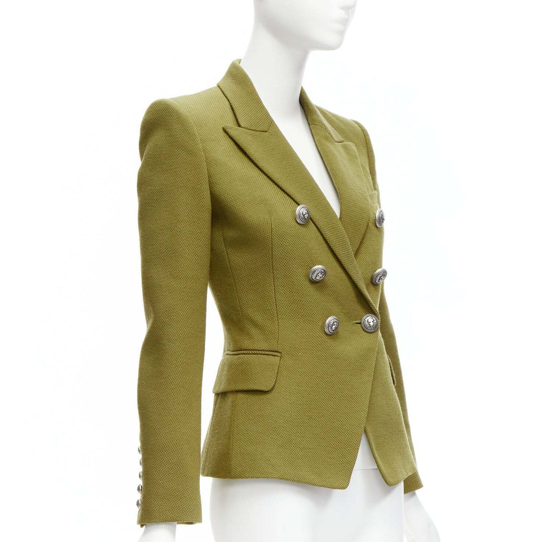 BALMAIN green silver lion button double breasted military blazer jacket FR38 M