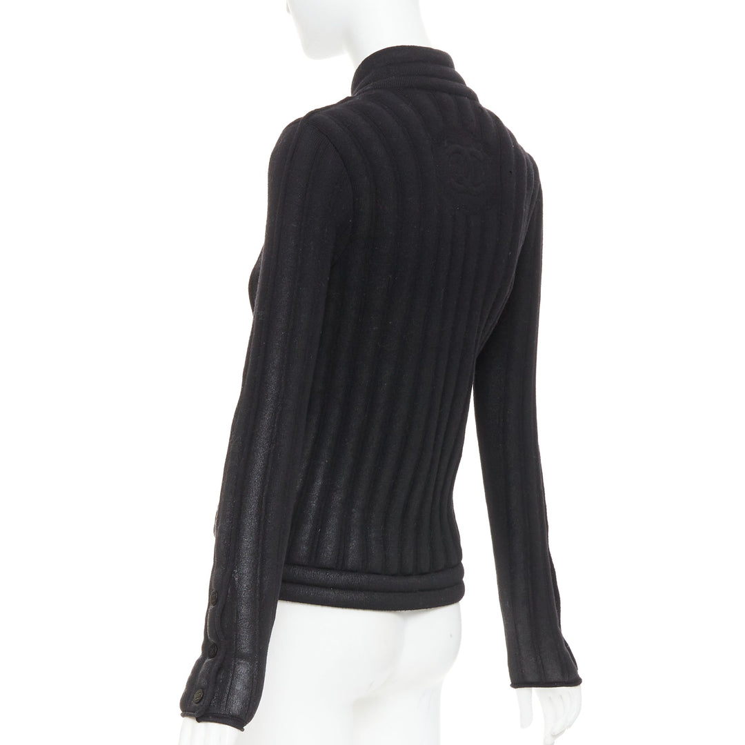 CHANEL 100% wool black metallic coated CC logo tubular pad biker jacket FR34 XS