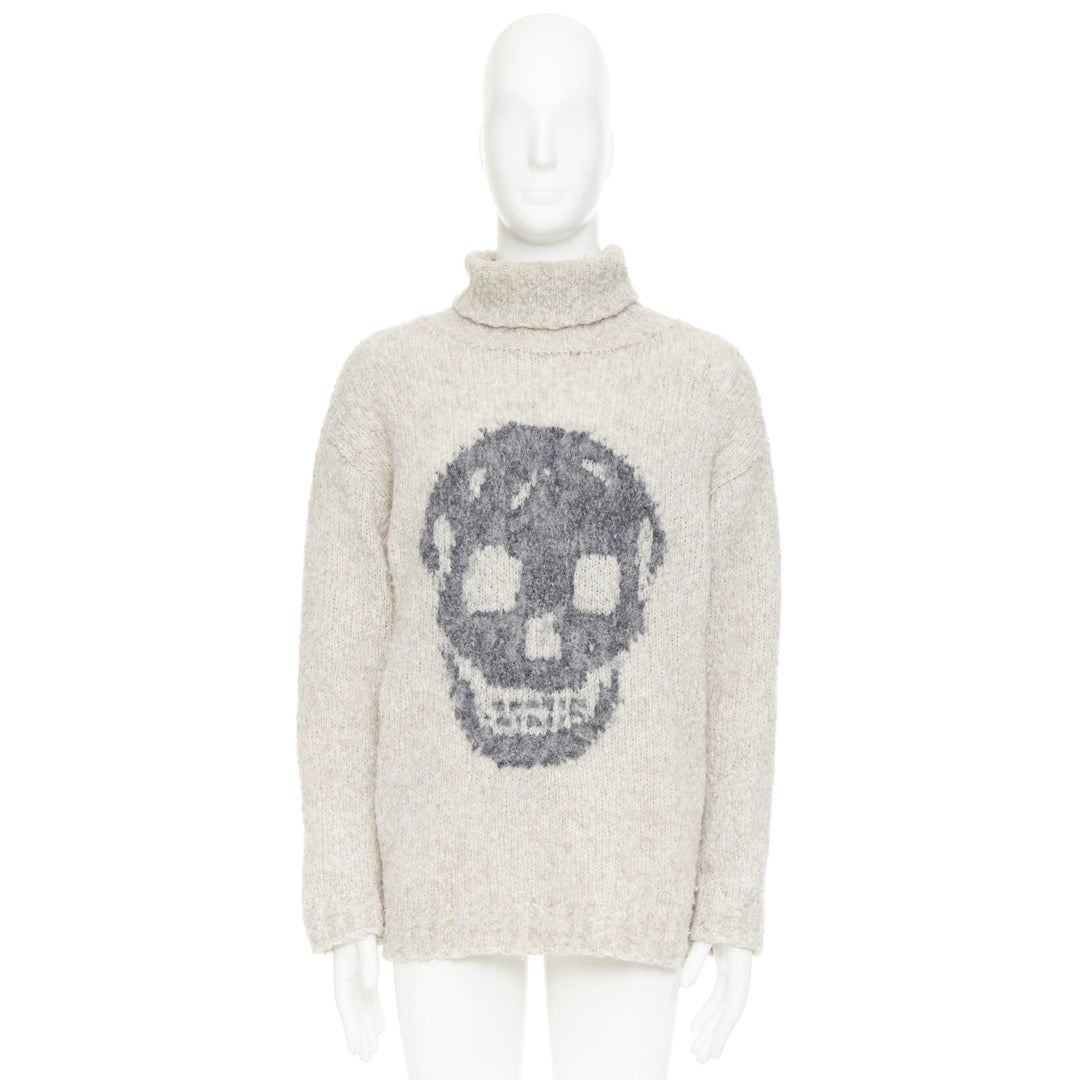 ALEXANDER MCQUEEN grey beige skull intarsia shaggy knit turtleneck sweater S