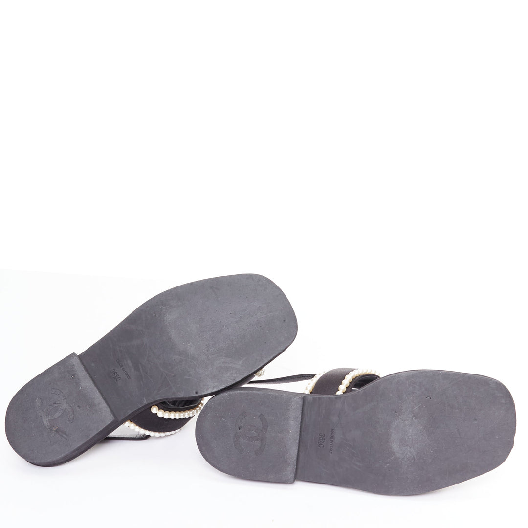 CHANEL 2022 black pearl embellished satin CC flat dad sandals EU36.5