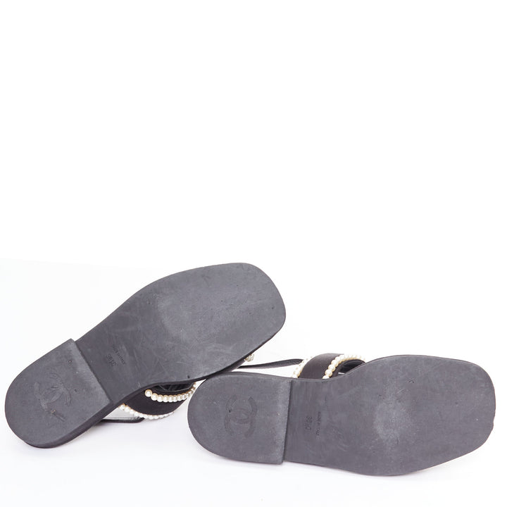 CHANEL 2022 black pearl embellished satin CC flat dad sandals EU36.5