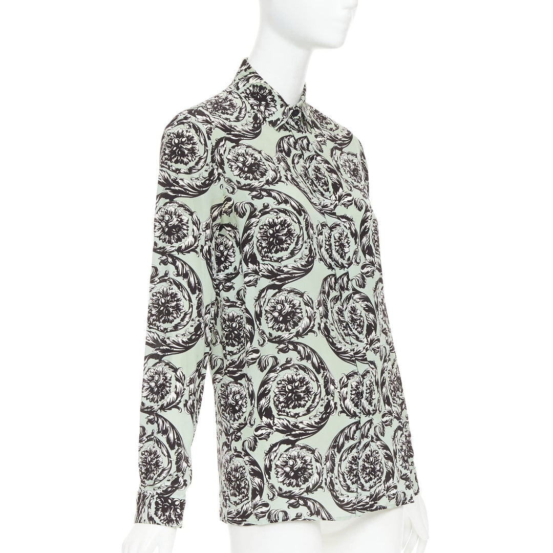 VERSACE 100% silk green black baroque floral print button up shirt IT38 XS