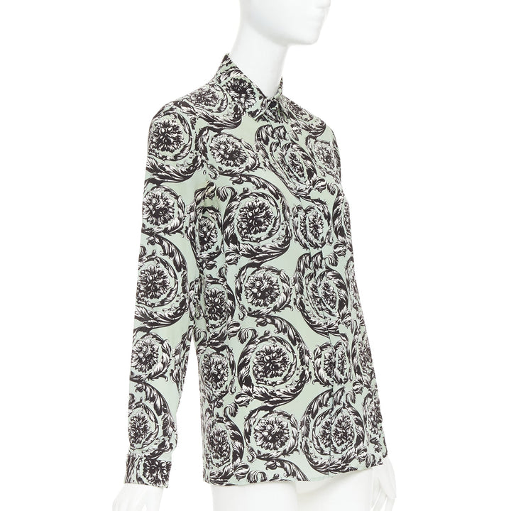 VERSACE 100% silk green black baroque floral print button up shirt IT38 XS