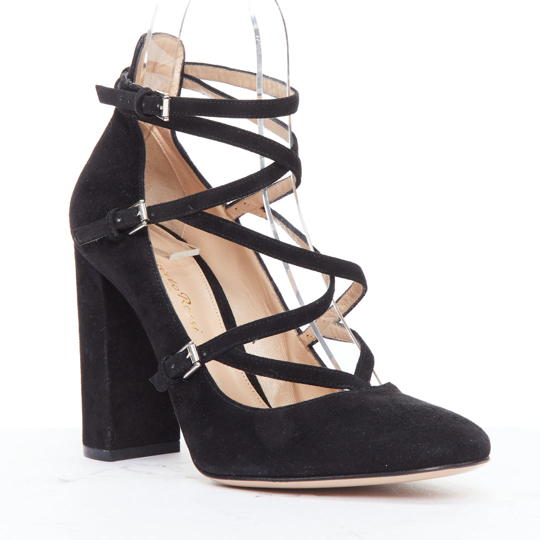 GIANVITO ROSSI black suede leather criss cross strappy block heels EU38