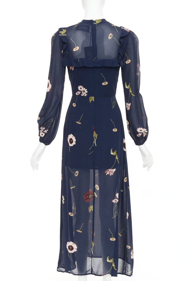 REFORMATION Gillian navy viscose floral print hi neck peasant dress US2 S