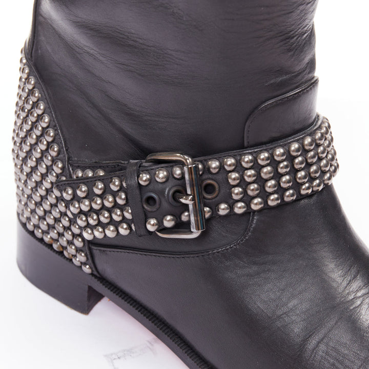 CHRISTIAN LOUBOUTIN Bicloubutu black silver studded moto biker wedged boots EU35