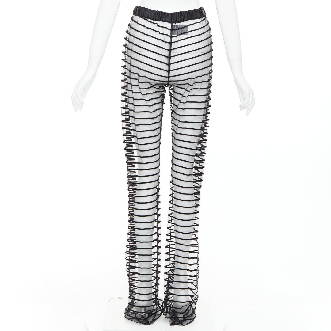 DRIES VAN NOTEN black flocked mesh striped sheer straight leg pants FR38 M