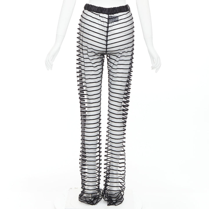 DRIES VAN NOTEN black flocked mesh striped sheer straight leg pants FR38 M