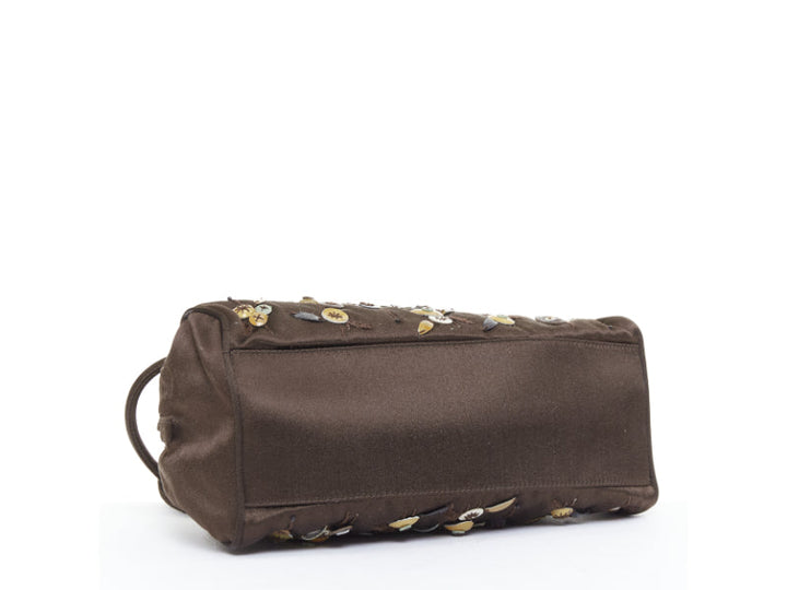 PRADA Vintage brown satin leather beads embroidered top handle bag