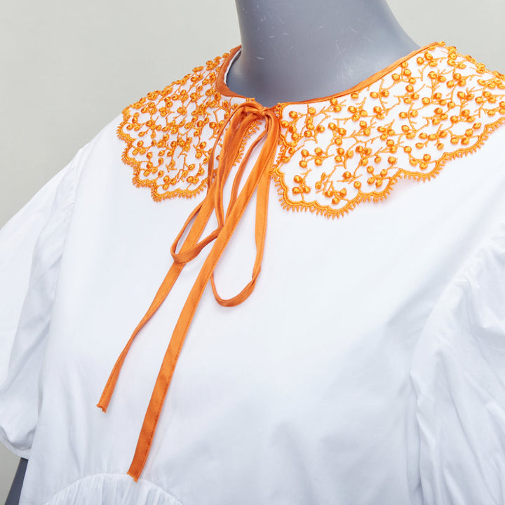 CECILIE BAHNSEN Mie white cotton orange applique collar puff top UK6 XS