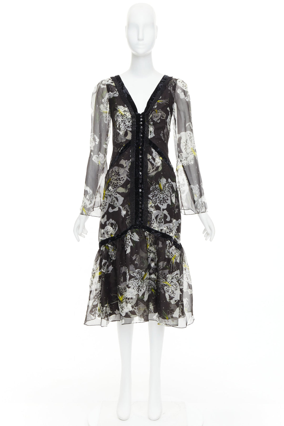 ERDEM 2016 Makayla black grey 100% silk floral back cut out  dress UK6 XS