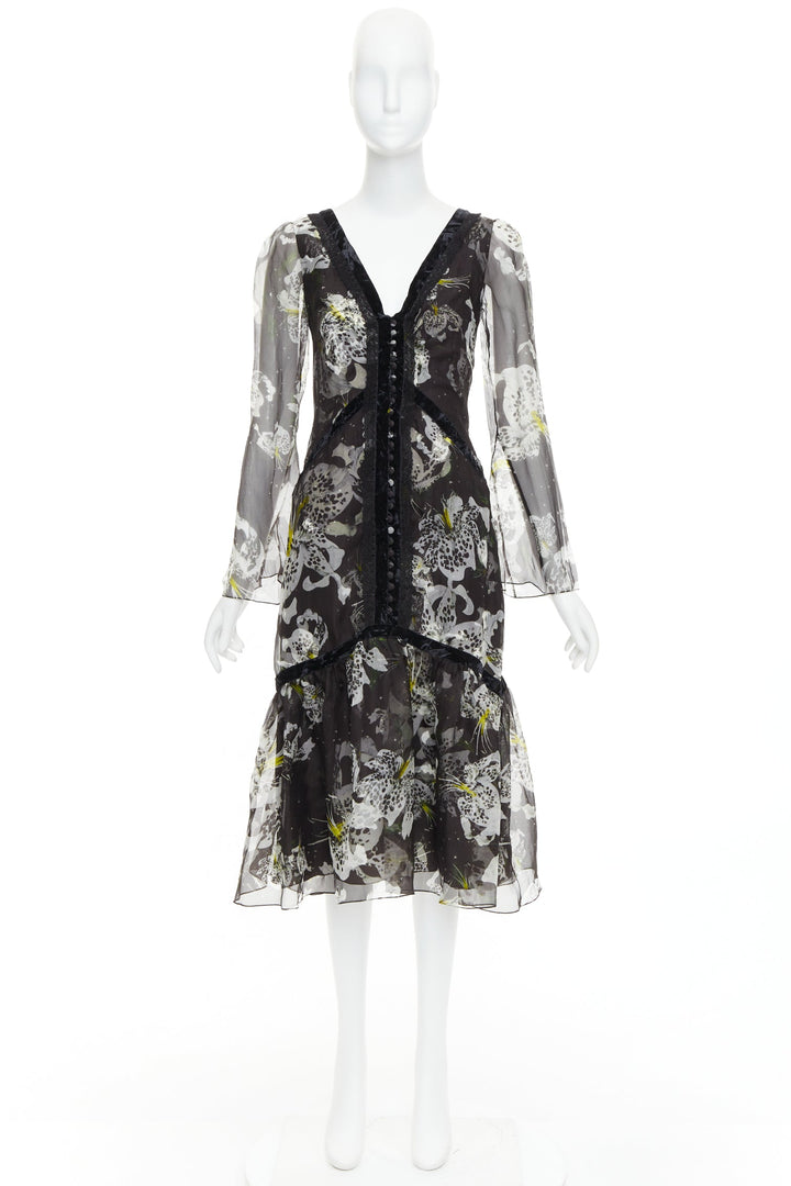 ERDEM 2016 Makayla black grey 100% silk floral back cut out  dress UK6 XS