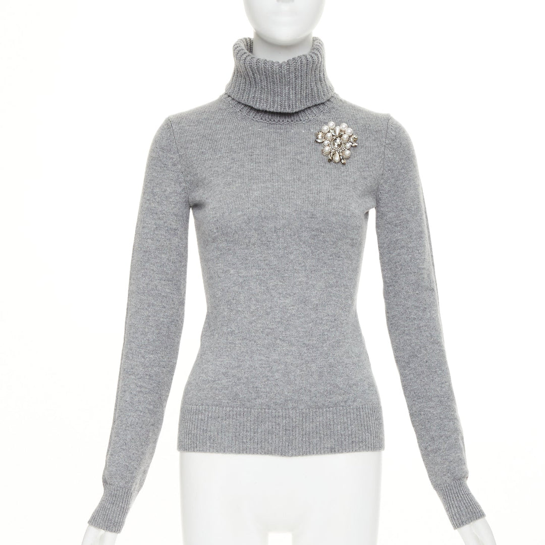 ALEXANDER MCQUEEN 2020 100% cashmere greypearl clear crystal brooch sweater  S