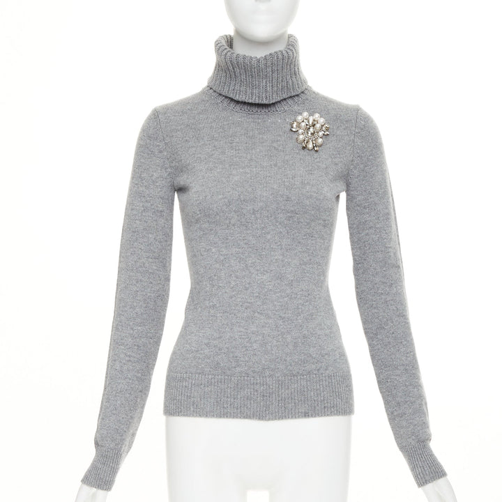 ALEXANDER MCQUEEN 2020 100% cashmere greypearl clear crystal brooch sweater  S