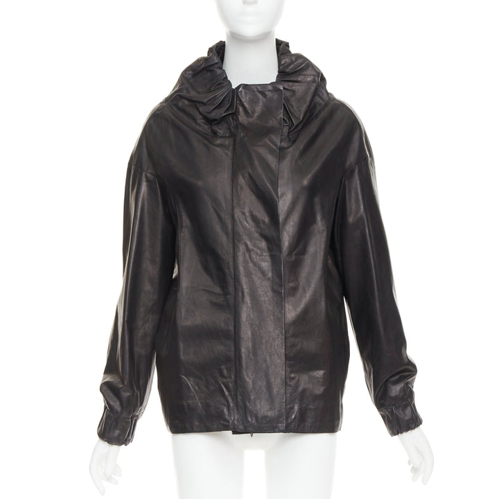 MARNI black lamb leather gathered collar zip up oversized jacket IT42 M