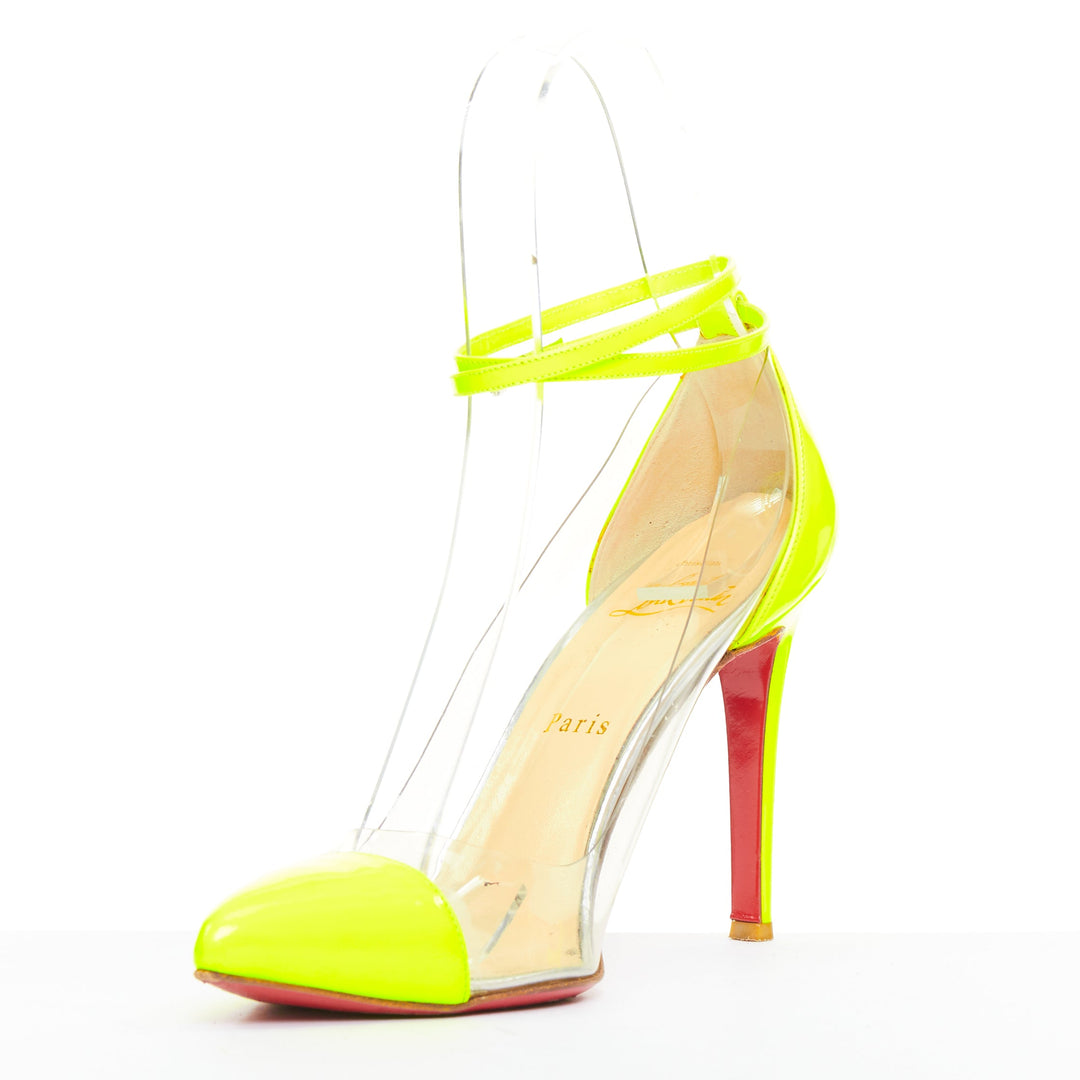 CHRISTIAN LOUBOUTIN Un Bout 100 Fluo Chic yellow patent PVC pointy pumps EU37