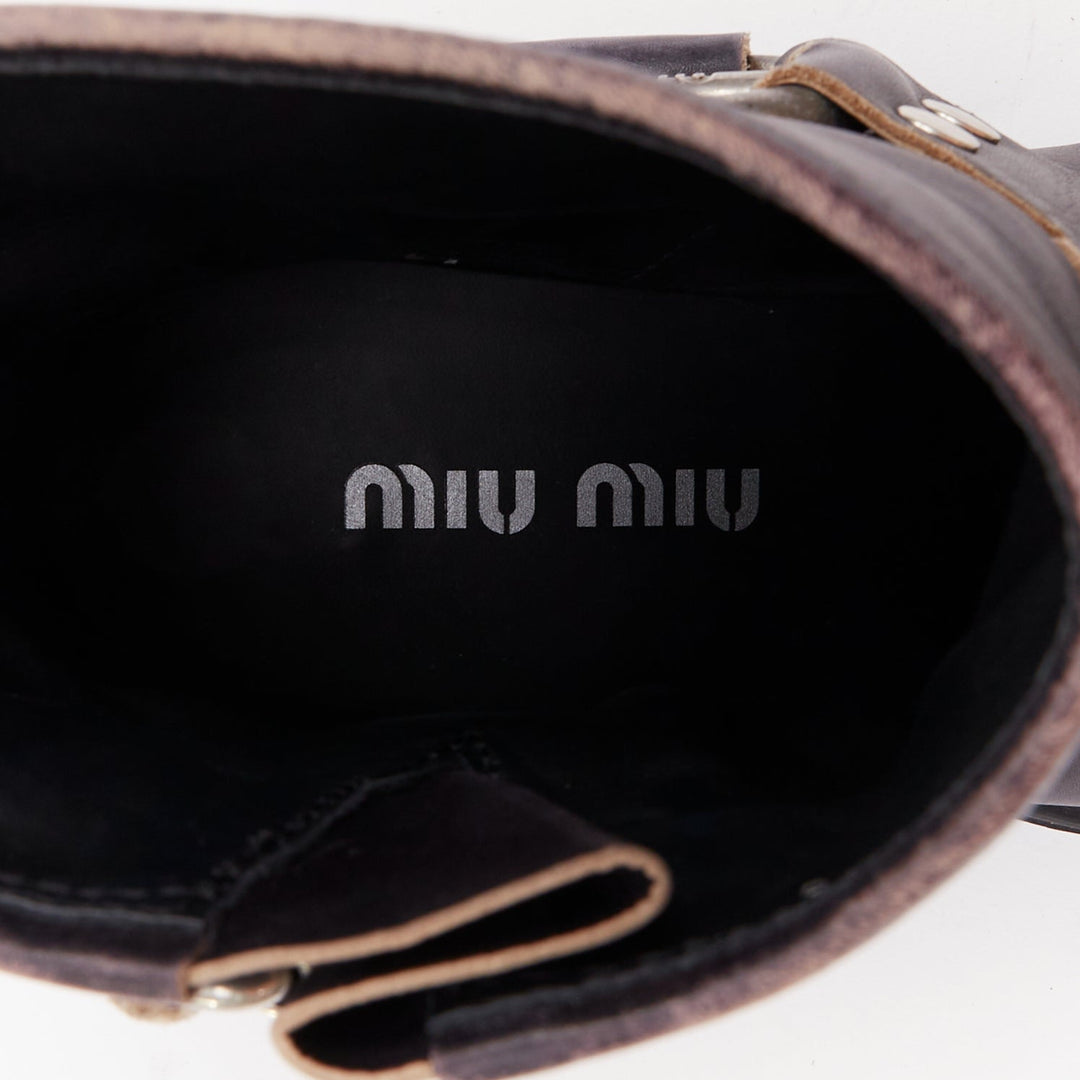 MIU MIU 2025 distressed washed black leather moto harness ankle boots EU36